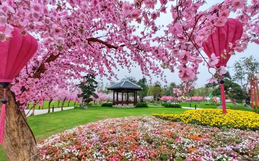 Vẻ đẹp xanh mát và sắc hoa muôn màu tại Vườn Nhật Vinhomes Smart City.